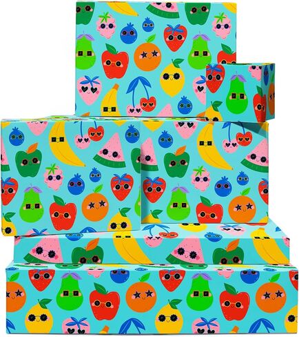 CENTRAL 23 Fruit Wrapping Paper - 6 Sheets Of Birthday Gift Wrap - Funky Fun Fruits - Blue Wrapping Paper For Kids Boys Girls - Comes With Stickers in Saudi Arabia