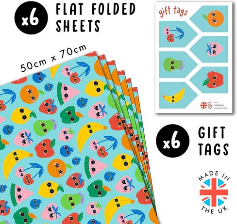 CENTRAL 23 Fruit Wrapping Paper - 6 Sheets Of Birthday Gift Wrap - Funky Fun Fruits - Blue Wrapping Paper For Kids Boys Girls - Comes With Stickers in Saudi Arabia