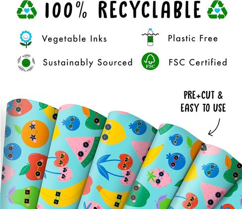 CENTRAL 23 Fruit Wrapping Paper - 6 Sheets Of Birthday Gift Wrap - Funky Fun Fruits - Blue Wrapping Paper For Kids Boys Girls - Comes With Stickers in Saudi Arabia