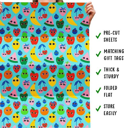 CENTRAL 23 Fruit Wrapping Paper - 6 Sheets Of Birthday Gift Wrap - Funky Fun Fruits - Blue Wrapping Paper For Kids Boys Girls - Comes With Stickers in Saudi Arabia