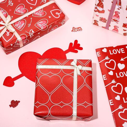 JarThenaAMCS 12 Sheet Valentine’s Day Wrapping Paper Love Heart Gnome Fingerprint Gift Wrap Paper Folded Flat Red DIY Craft Art Paper for Birthday Wedding Party Supplies, 19.7 x 27.6 Inch in Saudi Arabia