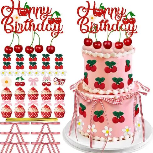 65PCS Cherry Bow Cake Decorations Set Happy Birthday Cherry Cake Topper and Cupcake Bows Decorations for Baby Shower Bridal Shower Graduation Party in Saudi Arabia