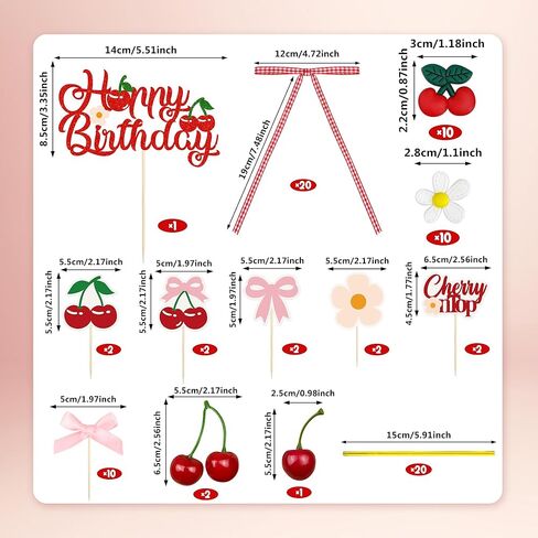 65PCS Cherry Bow Cake Decorations Set Happy Birthday Cherry Cake Topper and Cupcake Bows Decorations for Baby Shower Bridal Shower Graduation Party in Saudi Arabia