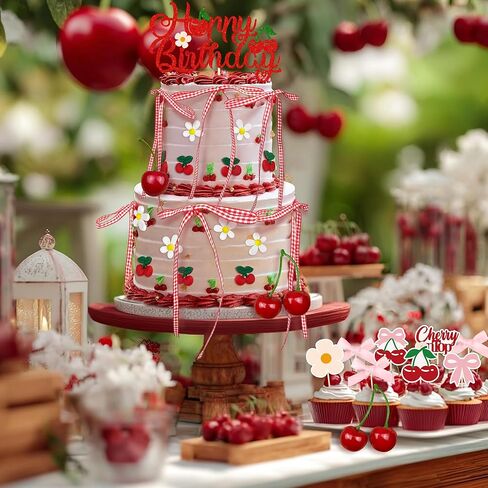 65PCS Cherry Bow Cake Decorations Set Happy Birthday Cherry Cake Topper and Cupcake Bows Decorations for Baby Shower Bridal Shower Graduation Party in Saudi Arabia