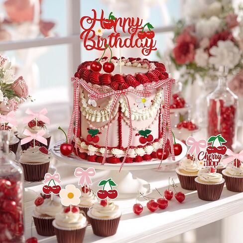 65PCS Cherry Bow Cake Decorations Set Happy Birthday Cherry Cake Topper and Cupcake Bows Decorations for Baby Shower Bridal Shower Graduation Party in Saudi Arabia