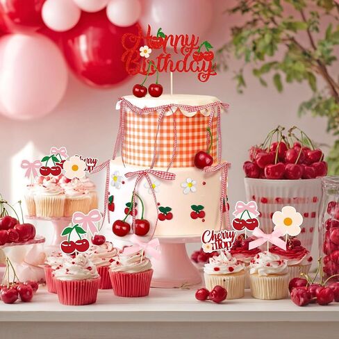 65PCS Cherry Bow Cake Decorations Set Happy Birthday Cherry Cake Topper and Cupcake Bows Decorations for Baby Shower Bridal Shower Graduation Party in Saudi Arabia