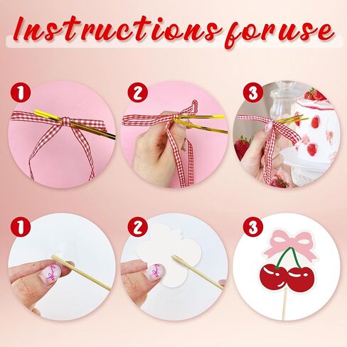 65PCS Cherry Bow Cake Decorations Set Happy Birthday Cherry Cake Topper and Cupcake Bows Decorations for Baby Shower Bridal Shower Graduation Party in Saudi Arabia