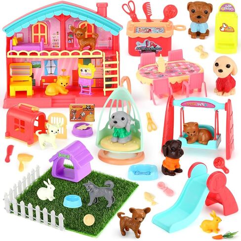 Leyndo 48 Pcs Dog and Cat Pet Figurine Playset Role Pretend Toy Set for Kids Realistic Educational Pet Care Center Dollhouse Role Play Sensory Gifts for Toddlers Boys Girls Birthday in Saudi Arabia