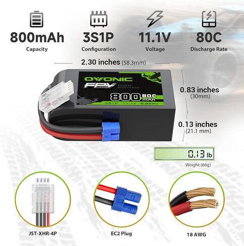بطارية ليبو OVONIC 11.1V 80C 800mAh 3S مع قابس EC2 [عبوة واحدة تتضمن بطاريتين] in Saudi Arabia
