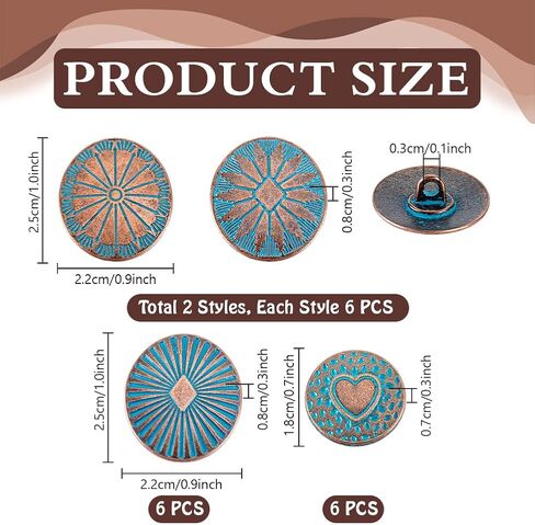 PH PandaHall 24Pcs Vintage Sewing Shank Buttons 4 Styles 0.7~1 inch Round Oval Buttons Antique Copper with Green Patina Button for Suit Woolen Coat Shirt Trousers Windbreaker Jeans Bracelets Crafts in Saudi Arabia