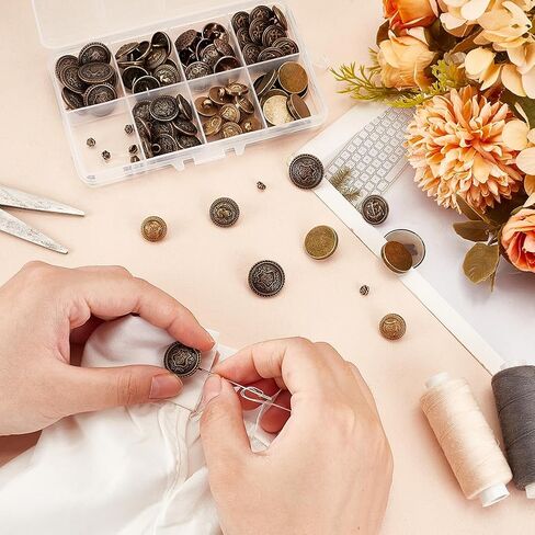 PH PandaHall 80 قطعة 8 أنماط أزرار عرقوب، أزرار معدنية 5 ~ 17 مم أزرار خياطة سبيكة محفورة أزرار أزرار مستديرة عتيقة مع ساق لخياطة الجينز والملابس والسراويل أزياء الكروشيه، برونزية عتيقة in Saudi Arabia
