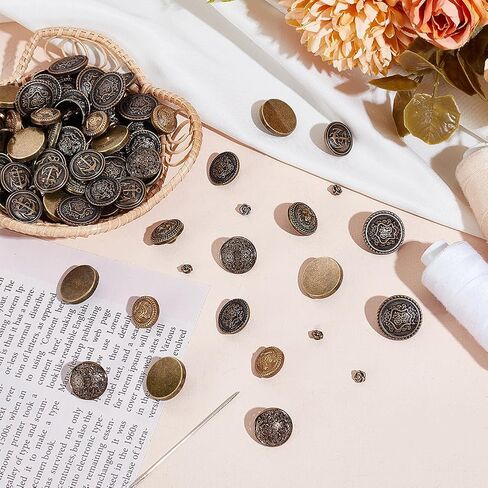 PH PandaHall 80 قطعة 8 أنماط أزرار عرقوب، أزرار معدنية 5 ~ 17 مم أزرار خياطة سبيكة محفورة أزرار أزرار مستديرة عتيقة مع ساق لخياطة الجينز والملابس والسراويل أزياء الكروشيه، برونزية عتيقة in Saudi Arabia