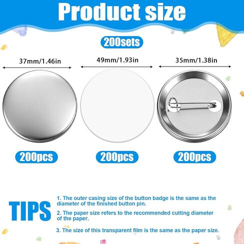 200 Sets 37mm/1.46 Inch Button Maker Supplies Round Badge Parts Blank Pin Back Buttons Parts Metal Pin Badge Kit Includes Metal Shells Back Cover and Clear Film, for Button Maker Machine Pins Makers in Kuwait