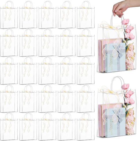 WDSHCR 30 PCS Clear Plastic Gift Bags with Handles, Party Favor Bags with Ribbons, Reusable Goodie Tote Bags for Wedding, Baby Shower, Birthday (Clear 5.9 x 6.3 x 2.8, 30 Pack) in Saudi Arabia