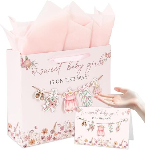 Whaline 13 Inch Large Baby Shower Paper Bag with Tissue Paper Greeting Card Treat Bags with Ribbon Handles Pink Floral Baby Clothes Flower Candy Goodie Bag for Girl Birthday Party Favors in Saudi Arabia