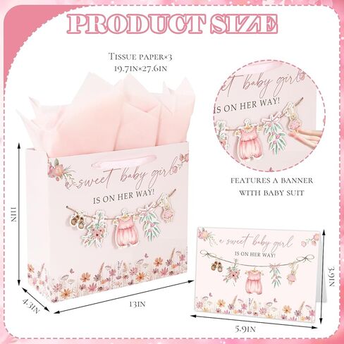 Whaline 13 Inch Large Baby Shower Paper Bag with Tissue Paper Greeting Card Treat Bags with Ribbon Handles Pink Floral Baby Clothes Flower Candy Goodie Bag for Girl Birthday Party Favors in Saudi Arabia