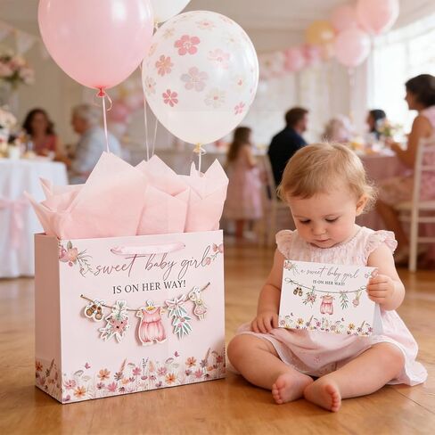 Whaline 13 Inch Large Baby Shower Paper Bag with Tissue Paper Greeting Card Treat Bags with Ribbon Handles Pink Floral Baby Clothes Flower Candy Goodie Bag for Girl Birthday Party Favors in Saudi Arabia