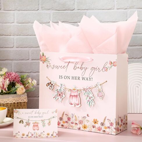 Whaline 13 Inch Large Baby Shower Paper Bag with Tissue Paper Greeting Card Treat Bags with Ribbon Handles Pink Floral Baby Clothes Flower Candy Goodie Bag for Girl Birthday Party Favors in Saudi Arabia