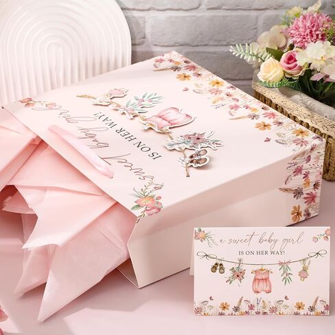 Whaline 13 Inch Large Baby Shower Paper Bag with Tissue Paper Greeting Card Treat Bags with Ribbon Handles Pink Floral Baby Clothes Flower Candy Goodie Bag for Girl Birthday Party Favors in Saudi Arabia