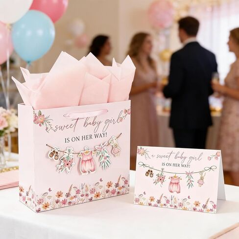 Whaline 13 Inch Large Baby Shower Paper Bag with Tissue Paper Greeting Card Treat Bags with Ribbon Handles Pink Floral Baby Clothes Flower Candy Goodie Bag for Girl Birthday Party Favors in Saudi Arabia