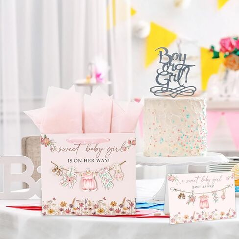 Whaline 13 Inch Large Baby Shower Paper Bag with Tissue Paper Greeting Card Treat Bags with Ribbon Handles Pink Floral Baby Clothes Flower Candy Goodie Bag for Girl Birthday Party Favors in Saudi Arabia