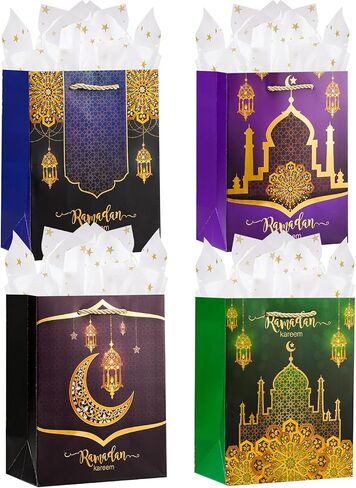 Enfoldia 4Pcs 9" Medium Ramadan kareen Gift Bags with Handles Gold Star Tissue Paper Ramadan Kareem Party Favor Bags Eid Mubarak Party Goodie Gift Treat Bags Reusable Paper Bags Islam Party Decorations in Saudi Arabia