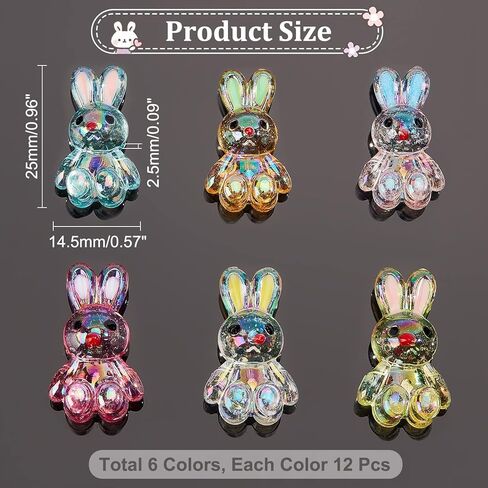 SUPERFINDINGS 72Pcs 6 Colors Acrylic Rabbit Beads Colorful Transparent Bunny Beads Cute Animal for DIY Craft Bracelet Necklace Earring Ring Easter Jewelry Making, Hole:2.5mm in Saudi Arabia