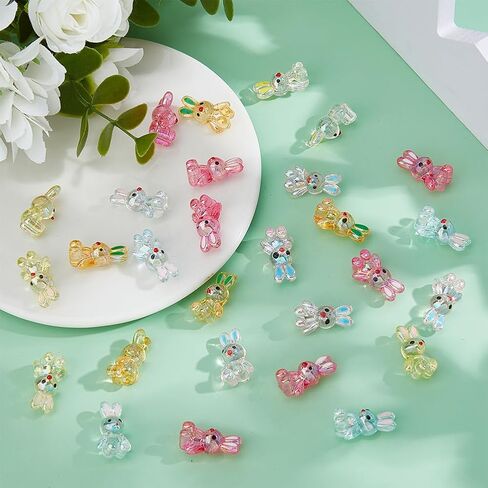 SUPERFINDINGS 72Pcs 6 Colors Acrylic Rabbit Beads Colorful Transparent Bunny Beads Cute Animal for DIY Craft Bracelet Necklace Earring Ring Easter Jewelry Making, Hole:2.5mm in Saudi Arabia