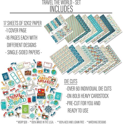 Die Cuts & Paper Set – Travel The World – for Our Adventure Book Exploration Vacation - 16 Single-Sided 12"x12" Sheets & Over 60 Coordinating Die Cuts - Scrapbook - by Miss Kate Cuttables in Saudi Arabia