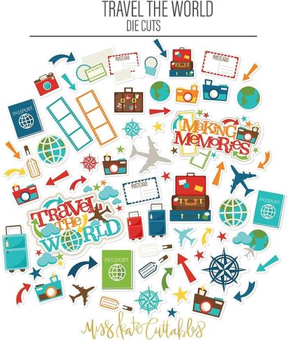 Die Cuts & Paper Set – Travel The World – for Our Adventure Book Exploration Vacation - 16 Single-Sided 12"x12" Sheets & Over 60 Coordinating Die Cuts - Scrapbook - by Miss Kate Cuttables in Saudi Arabia