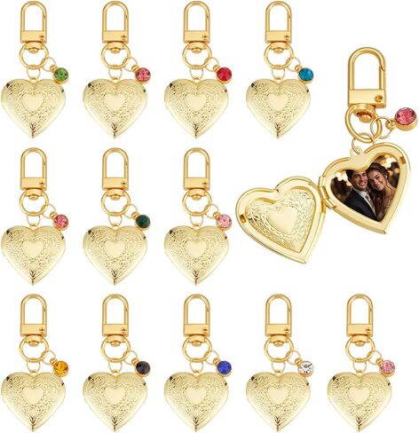 PH PandaHall 12 sets 18k Gold Plated Heart Locket Charms Gold Heart Pendants Memorial Charms Photo Locket Keychain Bag Charm with Birth Stones for Birthday Anniversary, Pendant: 1.2 Inch in Kuwait