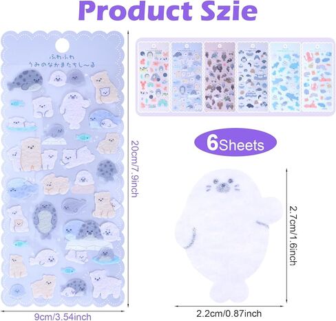 200＋Cute Kawaii Sea Creature Stickers, Mini Puffy Stickers Cute for Kids, Soft Flocked Felt 3D Sticker with Seals,Otters,Sharks&Whales, 6 Sheets Reusable Sticker for Phone Case, Notebook, Scrapbooking in Saudi Arabia