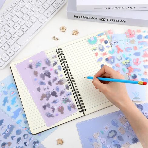 200＋Cute Kawaii Sea Creature Stickers, Mini Puffy Stickers Cute for Kids, Soft Flocked Felt 3D Sticker with Seals,Otters,Sharks&Whales, 6 Sheets Reusable Sticker for Phone Case, Notebook, Scrapbooking in Saudi Arabia