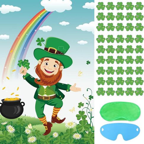 St. Patrick's Day Games, Pin The Shamrock on The Hat with 45 Pcs Shamrock Stickers, Large Green Leprechaun Party Games Poster for Kids St. Patrick's Day Party, Birthday Party Decoration Supplies in Saudi Arabia