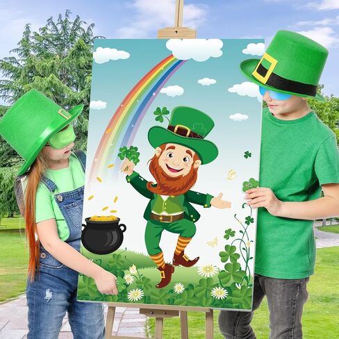 St. Patrick's Day Games, Pin The Shamrock on The Hat with 45 Pcs Shamrock Stickers, Large Green Leprechaun Party Games Poster for Kids St. Patrick's Day Party, Birthday Party Decoration Supplies in Saudi Arabia