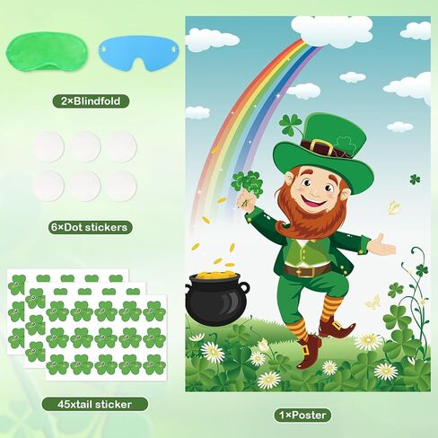 St. Patrick's Day Games, Pin The Shamrock on The Hat with 45 Pcs Shamrock Stickers, Large Green Leprechaun Party Games Poster for Kids St. Patrick's Day Party, Birthday Party Decoration Supplies in Saudi Arabia
