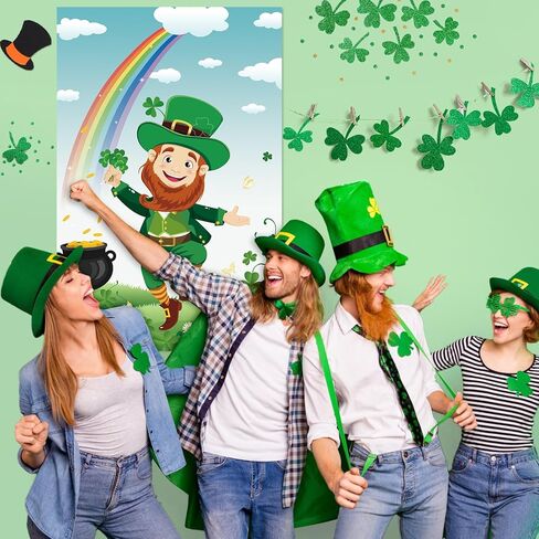 St. Patrick's Day Games, Pin The Shamrock on The Hat with 45 Pcs Shamrock Stickers, Large Green Leprechaun Party Games Poster for Kids St. Patrick's Day Party, Birthday Party Decoration Supplies in Saudi Arabia