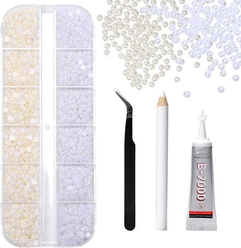 Flat back Pearls, Half-Round Beige & White Pearls with Adhesive Glue, Wax Pencil & Precision Tweezers for Professional Manicures, Christmas and New Year Crafts & Makeup Designs in Saudi Arabia