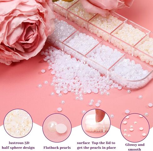 Flat back Pearls, Half-Round Beige & White Pearls with Adhesive Glue, Wax Pencil & Precision Tweezers for Professional Manicures, Christmas and New Year Crafts & Makeup Designs in Saudi Arabia