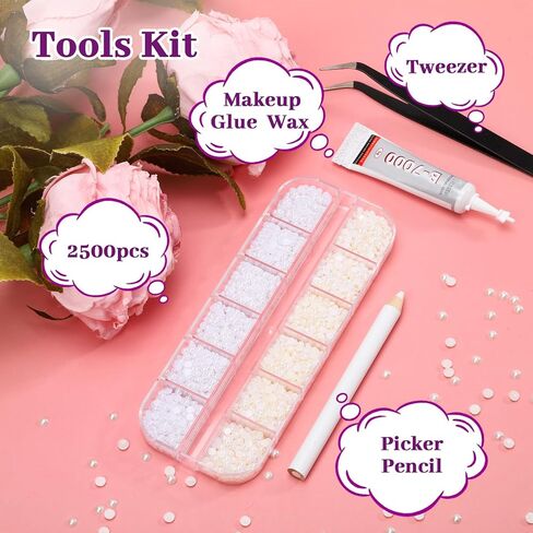 Flat back Pearls, Half-Round Beige & White Pearls with Adhesive Glue, Wax Pencil & Precision Tweezers for Professional Manicures, Christmas and New Year Crafts & Makeup Designs in Saudi Arabia