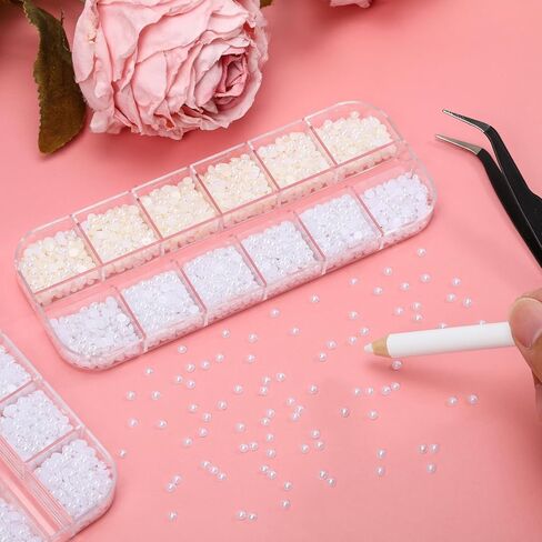 Flat back Pearls, Half-Round Beige & White Pearls with Adhesive Glue, Wax Pencil & Precision Tweezers for Professional Manicures, Christmas and New Year Crafts & Makeup Designs in Saudi Arabia