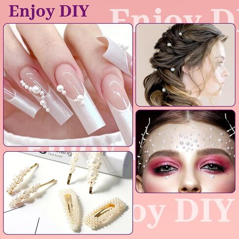 Flat back Pearls, Half-Round Beige & White Pearls with Adhesive Glue, Wax Pencil & Precision Tweezers for Professional Manicures, Christmas and New Year Crafts & Makeup Designs in Saudi Arabia