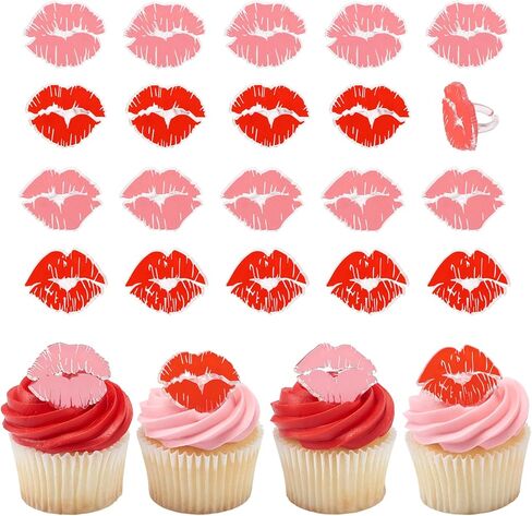 DecoPac Say It With Kisses Rings, 24 Red Lip Cupcake Decorations For Valentine's Day, Wedding, Engagement, Bachelorette, Anniversary, Food Safe Cake Toppers - 24 Pack in Saudi Arabia