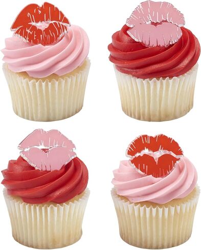 DecoPac Say It With Kisses Rings, 24 Red Lip Cupcake Decorations For Valentine's Day, Wedding, Engagement, Bachelorette, Anniversary, Food Safe Cake Toppers - 24 Pack in Saudi Arabia