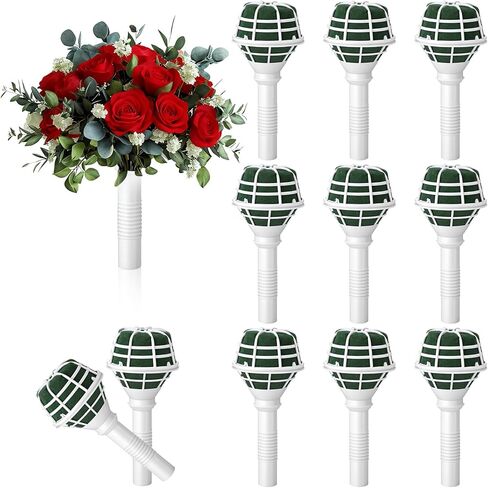12 PCS Bouquet Holders, Floral Foam Handle with Cage for Fresh & Artificial Flowers, Wedding Bridal Bouquet Supplies for DIY Arrangements (Green Foam, White Handle) in Kuwait