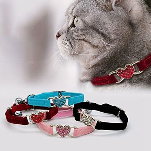 Colored Diamonds Cat Collar Elastic Adjustable 8 Colors Adjustable Dog Necklace Cute Soft Heart Bell Cat Collar(Pink) in Saudi Arabia