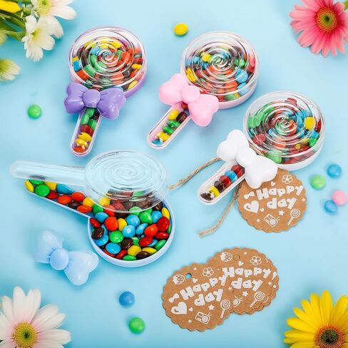 48 Pack Plastic Candy Boxes, Lollipop Bowknot Candy Favor Box with Hanging Tags, Cute Treat Container for Birthday Party Decoration, Baby Shower, Wedding Favors, 4 Colors in Kuwait