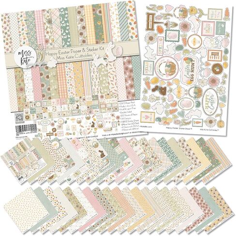 Miss Kate Cuttables Paper & Sticker Kit – Happy Easter - for Spring Pastel Bunny Egg Holiday - Pattern 12x12 Scrapbook Paper 12x12 20 Sheet with 39 Designs & 1 8X12 Sticker Sheet - Scrapbooking in Saudi Arabia
