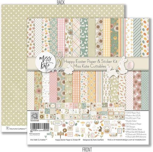 Miss Kate Cuttables Paper & Sticker Kit – Happy Easter - for Spring Pastel Bunny Egg Holiday - Pattern 12x12 Scrapbook Paper 12x12 20 Sheet with 39 Designs & 1 8X12 Sticker Sheet - Scrapbooking in Saudi Arabia