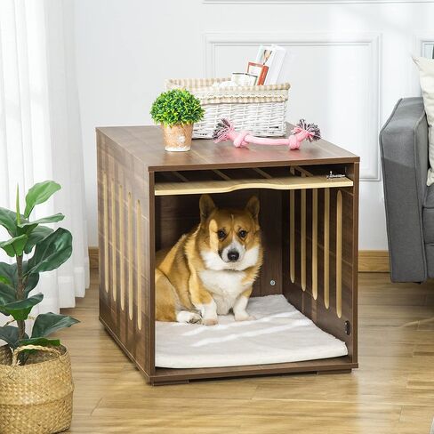 PawHut Furniture Style Dog Crate End Table with Removable Door Panel, Dog Crate Bed with Foam Cushion, Safety Lock, Indoor Use, for Small & Medium Dogs, Brown in Saudi Arabia